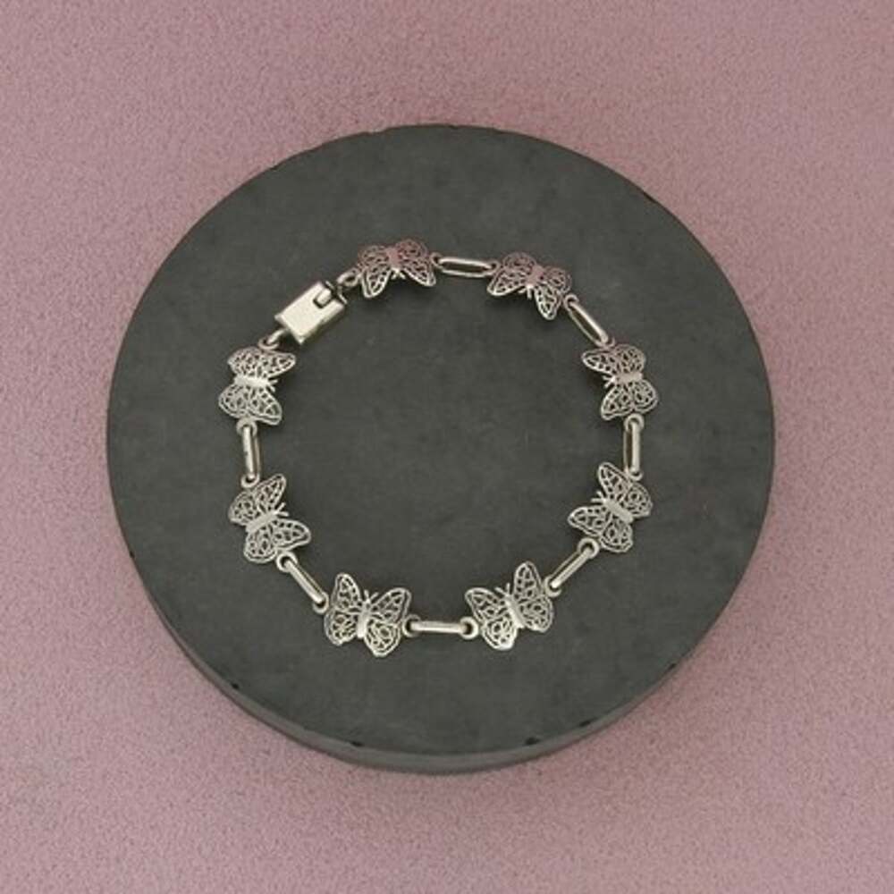 Taxco Mexico Sterling Silver Vintage Butterfly Scroll Link Bracelet Size 6.75in